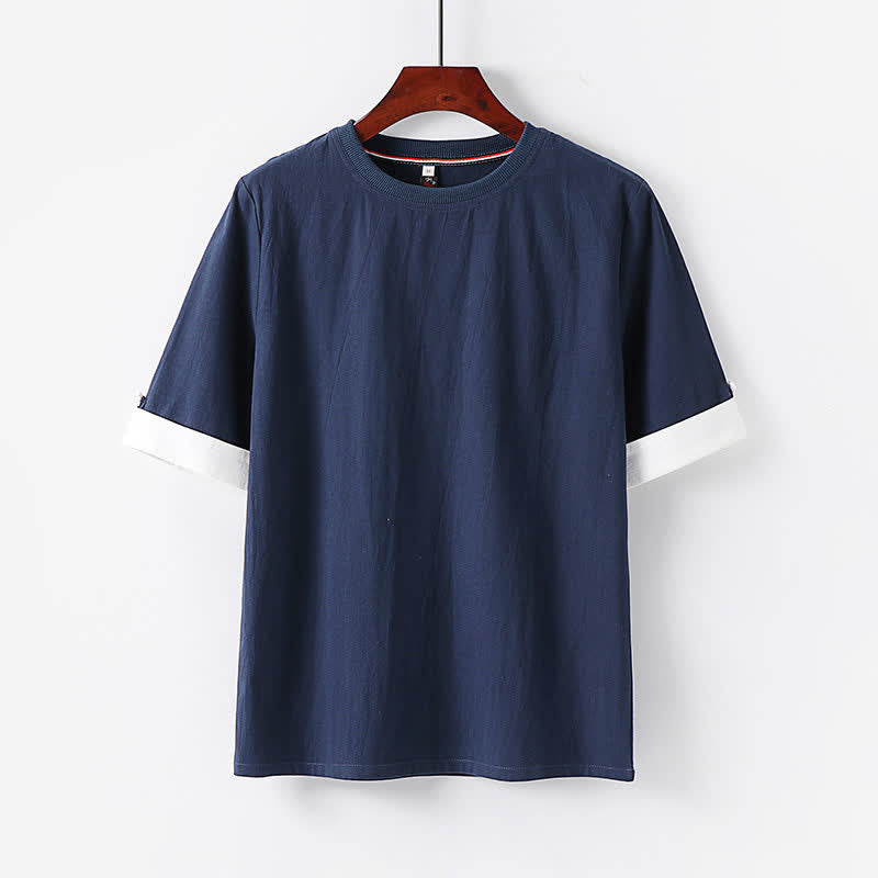 Buddha Stones Summer Casual Minimalist Button-Up Solid Crew Neck Cotton Men's Short Sleeve T-Shirts - MidnightBlue - US/UK/AU48, EU58 (6XL) - image 0