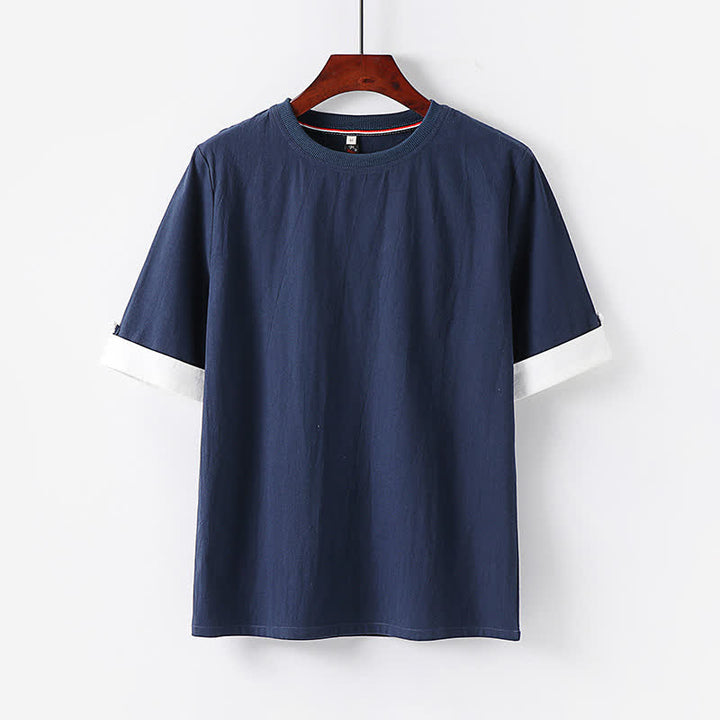 Buddha Stones Summer Casual Minimalist Button-Up Solid Crew Neck Cotton Men's Short Sleeve T-Shirts - MidnightBlue - US/UK/AU48, EU58 (6XL) - image 0