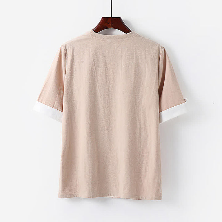 Buddha Stones Summer Casual Minimalist Button-Up Solid Crew Neck Cotton Men's Short Sleeve T-Shirts - image 4