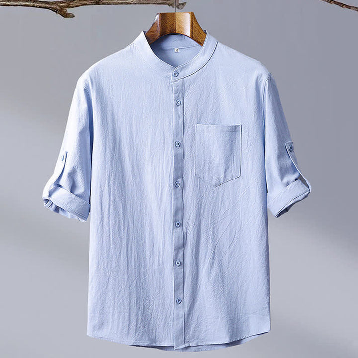 Buddha Stones Summer Tang Style Casual Mandarin Collar Solid Cotton Men's Short Sleeve Shirts With Patch Pocket - image 2