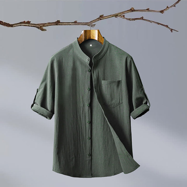 Buddha Stones Summer Tang Style Casual Mandarin Collar Solid Cotton Men's Short Sleeve Shirts With Patch Pocket - DarkOliveGreen - US/UK/AU46, EU56 (5XL) - image 0