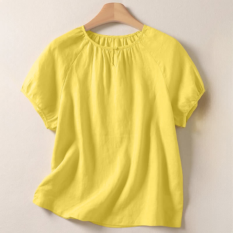 Buddha Stones Summer Casual Minimalist Solid Crew Neck Women's Short Sleeve Shirts - LemonChiffon - US8-10, UK/AU12-14, EU40-42 (2XL) - image 0