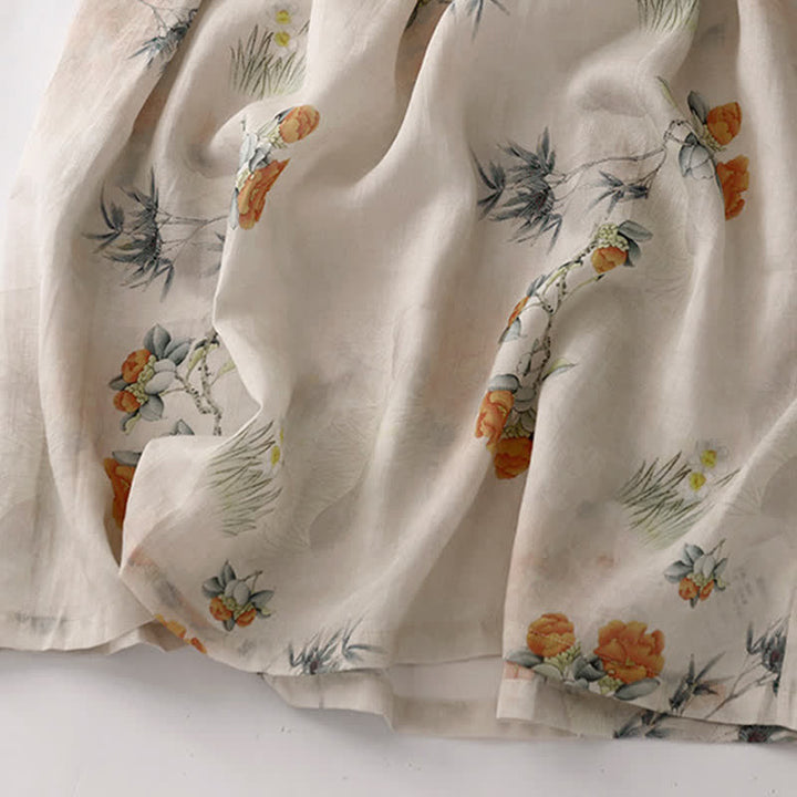 Buddha Stones Summer Vintage Drawstring Beige Floral Crew Neck Women's Short Sleeve Dress With Pocket - image 11