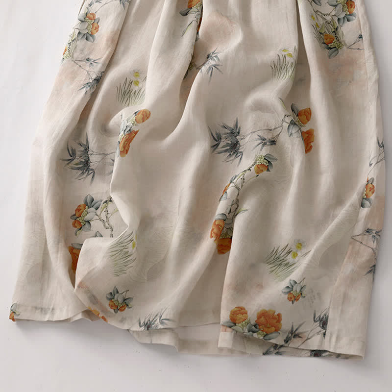 Buddha Stones Summer Vintage Drawstring Beige Floral Crew Neck Women's Short Sleeve Dress With Pocket - image 10