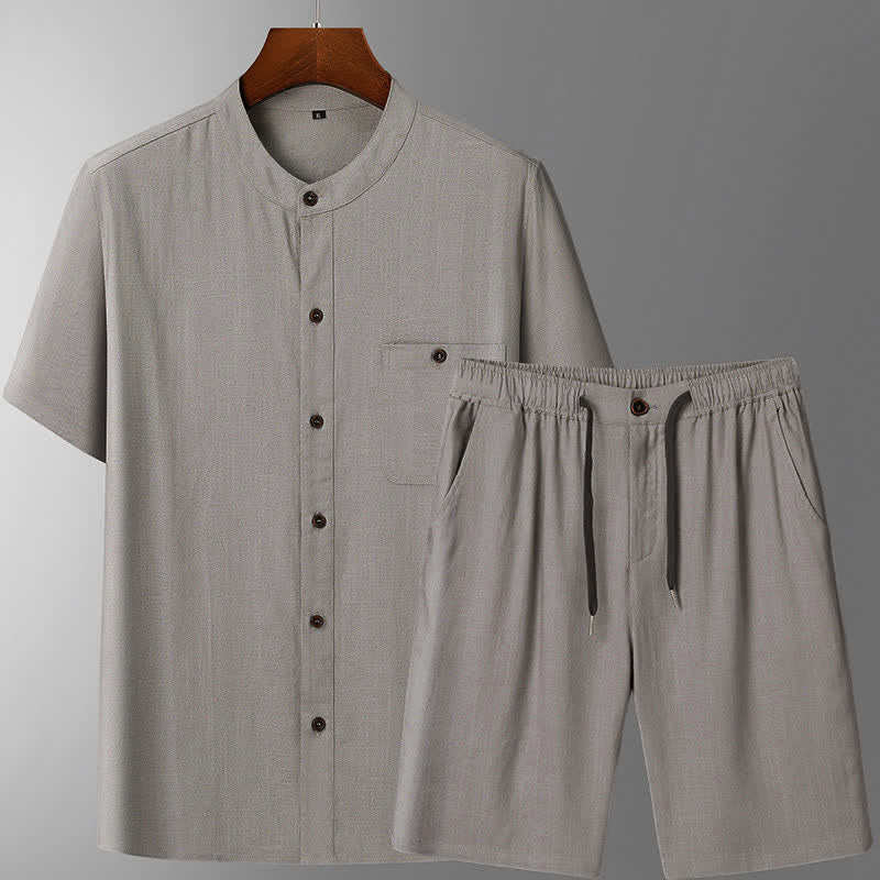 Buddha Stones Summer Casual Mandarin Collar Solid Short Sleeve Shirt Drawstring Pants Men's Matching Sets With Pockets - Light Gray Shirt + Pants - US/UK/AU46，EU56 (5XL) - image 3