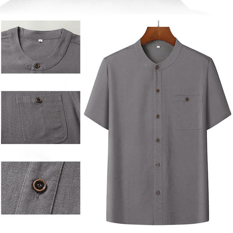 Buddha Stones Summer Casual Mandarin Collar Solid Short Sleeve Shirt Drawstring Pants Men's Matching Sets With Pockets - image 5