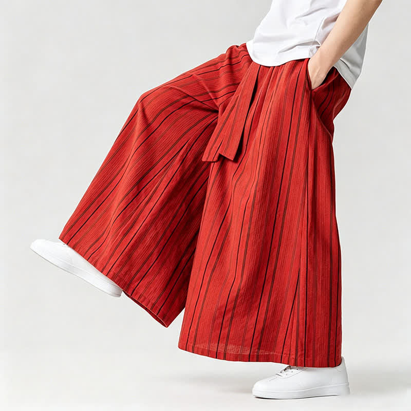Buddha Stones Summer Vintage Drawstring Striped Ankle Pants Men's Wide Leg Pants With Pocket - image 33