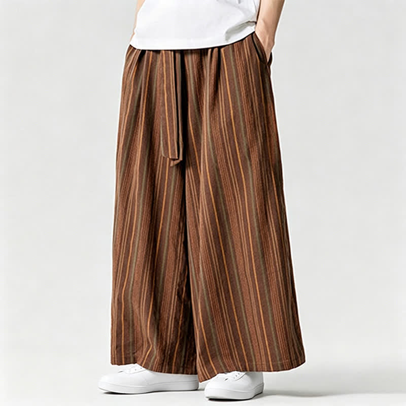 Buddha Stones Summer Vintage Drawstring Striped Ankle Pants Men's Wide Leg Pants With Pocket - image 12