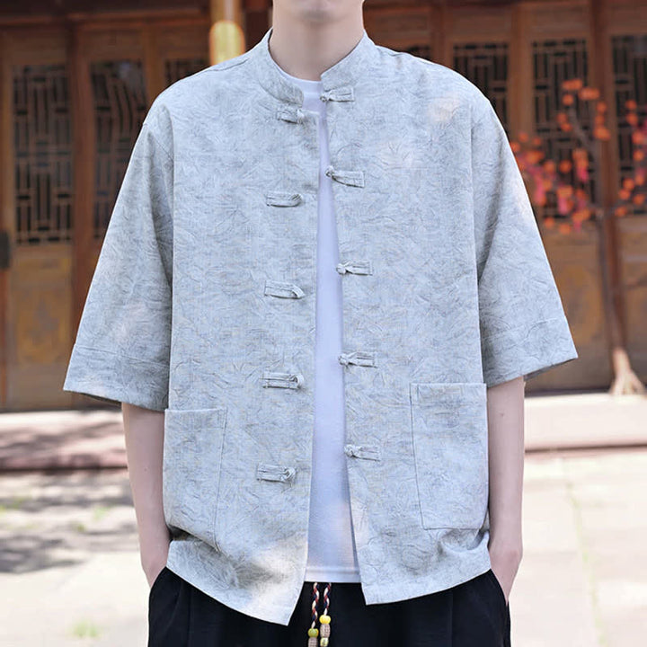 Buddha Stones Summer Tang Style Mandarin Collar Frog Button Solid Men's Short Sleeve Shirts With Pocket - LightBlue - US/UK/AU46，EU56 (5XL) - image 0