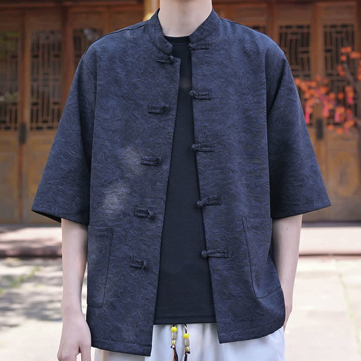 Buddha Stones Summer Tang Style Mandarin Collar Frog Button Solid Men's Short Sleeve Shirts With Pocket - image 8