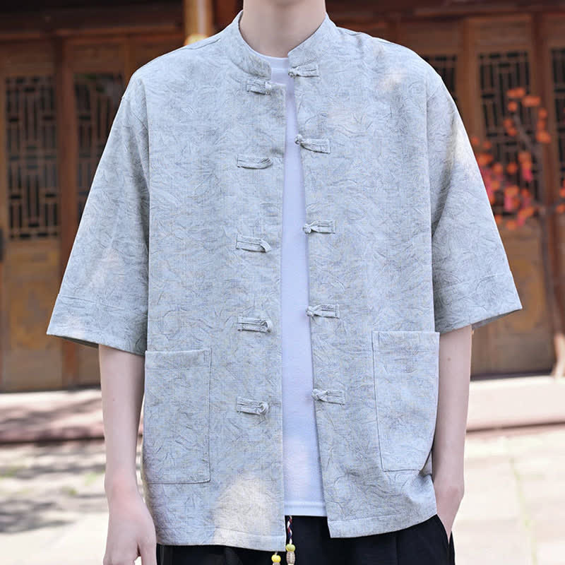 Buddha Stones Summer Tang Style Mandarin Collar Frog Button Solid Men's Short Sleeve Shirts With Pocket - image 6