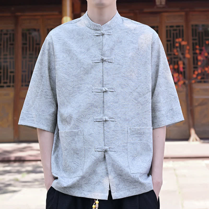 Buddha Stones Summer Tang Style Mandarin Collar Frog Button Solid Men's Short Sleeve Shirts With Pocket - image 3