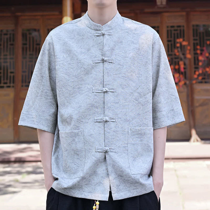 Buddha Stones Summer Tang Style Mandarin Collar Frog Button Solid Men's Short Sleeve Shirts With Pocket - image 3