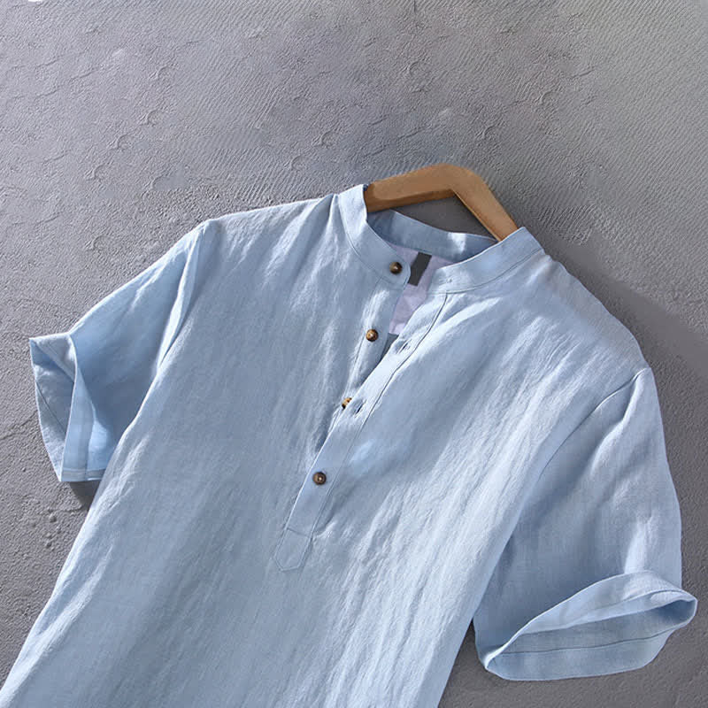 Buddha Stones Summer Tang Style Casual Mandarin Collar Solid Linen Men's Short Sleeve Shirts - image 3