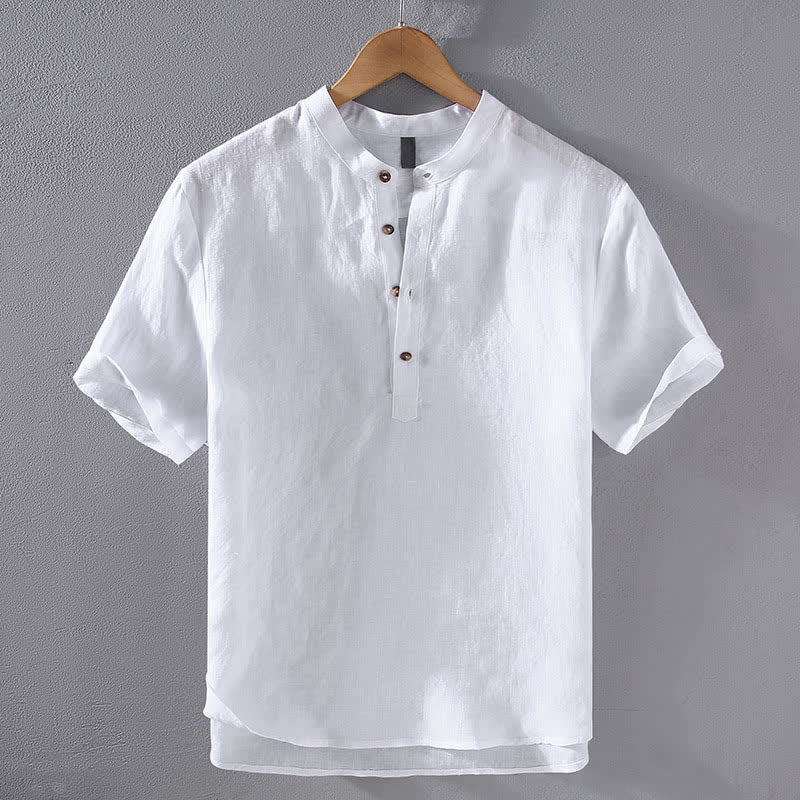 Buddha Stones Summer Tang Style Casual Mandarin Collar Solid Linen Men's Short Sleeve Shirts - White - US/UK/AU42，EU52 (3XL) - image 14
