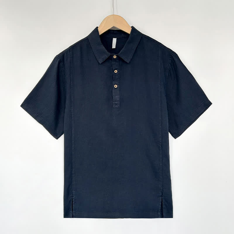Buddha Stones Summer Casual Side Slit Solid Linen Men's Short Sleeve Shirts - Navy - US/UK/AU44，EU54 (4XL) - image 9