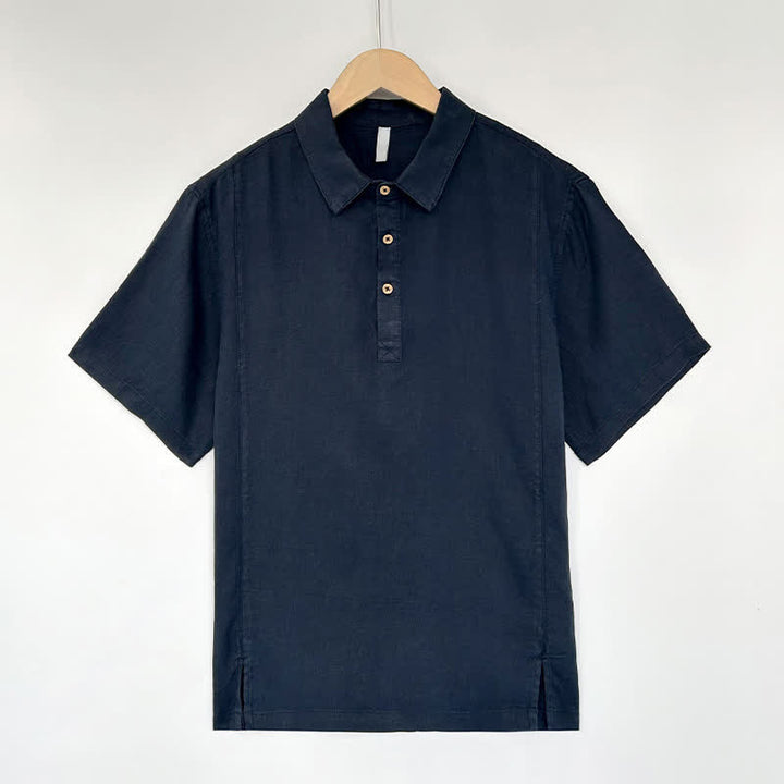 Buddha Stones Summer Casual Side Slit Solid Linen Men's Short Sleeve Shirts - Navy - US/UK/AU44，EU54 (4XL) - image 9