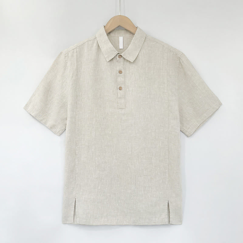 Buddha Stones Summer Casual Side Slit Solid Linen Men's Short Sleeve Shirts - Beige - US/UK/AU44，EU54 (4XL) - image 11