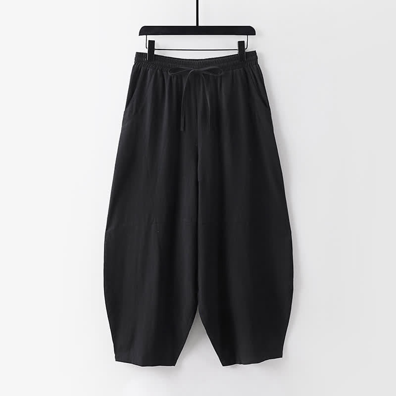 Buddha Stones 2Pcs Spring Summer Casual Tang Style Drawstring Solid Shirt Cropped Pants Men's Meditation Cloth With Pocket - image 5