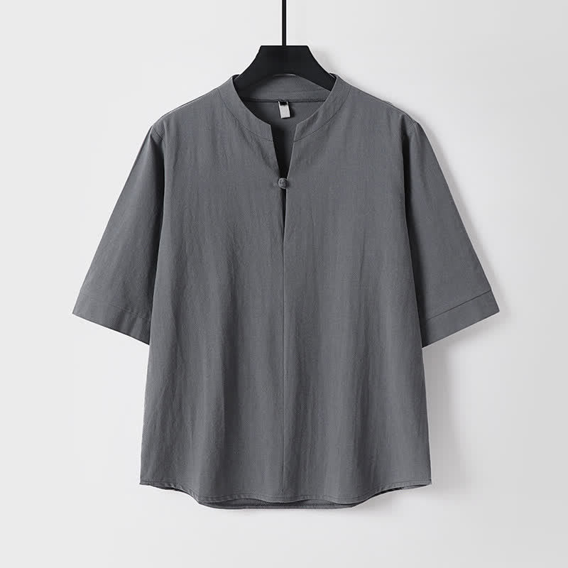 Buddha Stones 2Pcs Spring Summer Casual Tang Style Drawstring Solid Shirt Cropped Pants Men's Meditation Cloth With Pocket - image 1