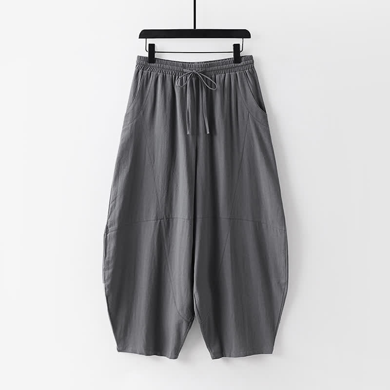 Buddha Stones 2Pcs Spring Summer Casual Tang Style Drawstring Solid Shirt Cropped Pants Men's Meditation Cloth With Pocket - image 2