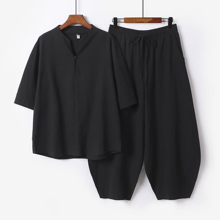 Buddha Stones 2Pcs Spring Summer Casual Tang Style Drawstring Solid Shirt Cropped Pants Men's Meditation Cloth With Pocket - Black - US/UK/AU54，EU64 (9XL) - image 3