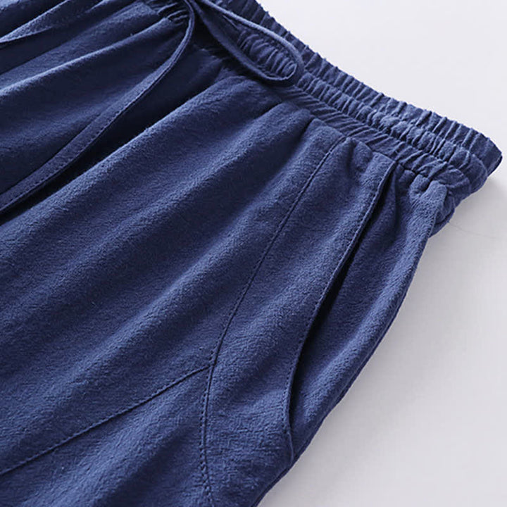 Buddha Stones 2Pcs Spring Summer Casual Tang Style Drawstring Solid Shirt Cropped Pants Men's Meditation Cloth With Pocket - image 13