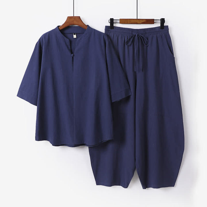 Buddha Stones 2Pcs Spring Summer Casual Tang Style Drawstring Solid Shirt Cropped Pants Men's Meditation Cloth With Pocket - MidnightBlue - US/UK/AU54，EU64 (9XL) - image 6