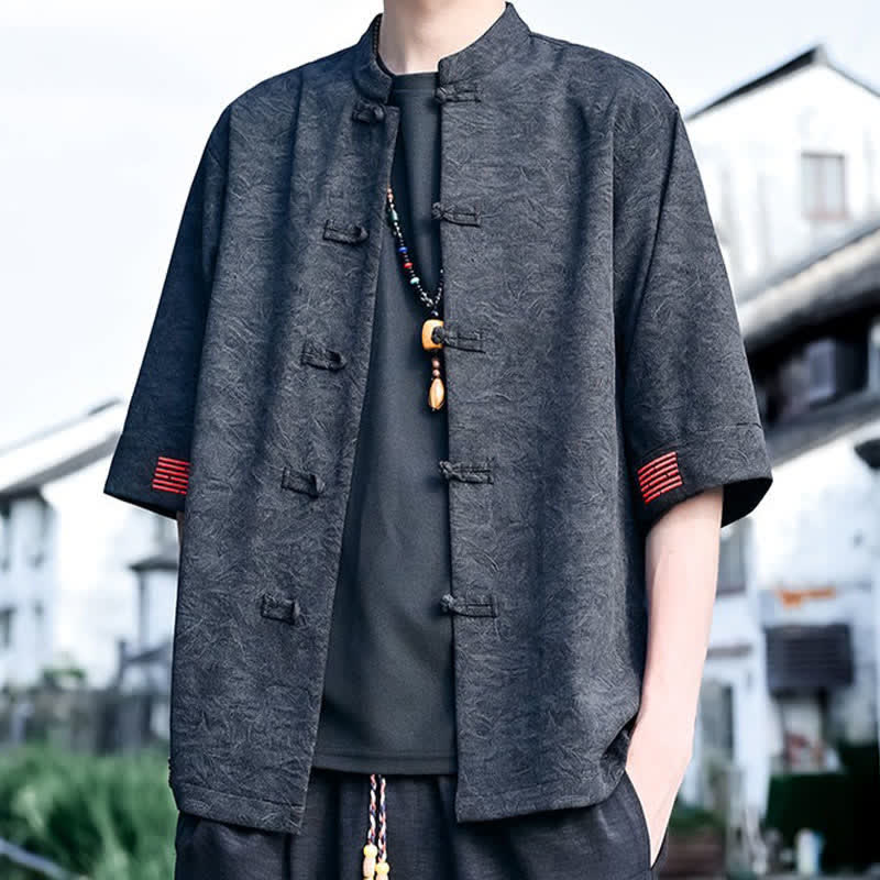 Buddha Stones Summer Tang Style Mandarin Collar Frog Button Solid Men's Short Sleeve Shirts - image 7
