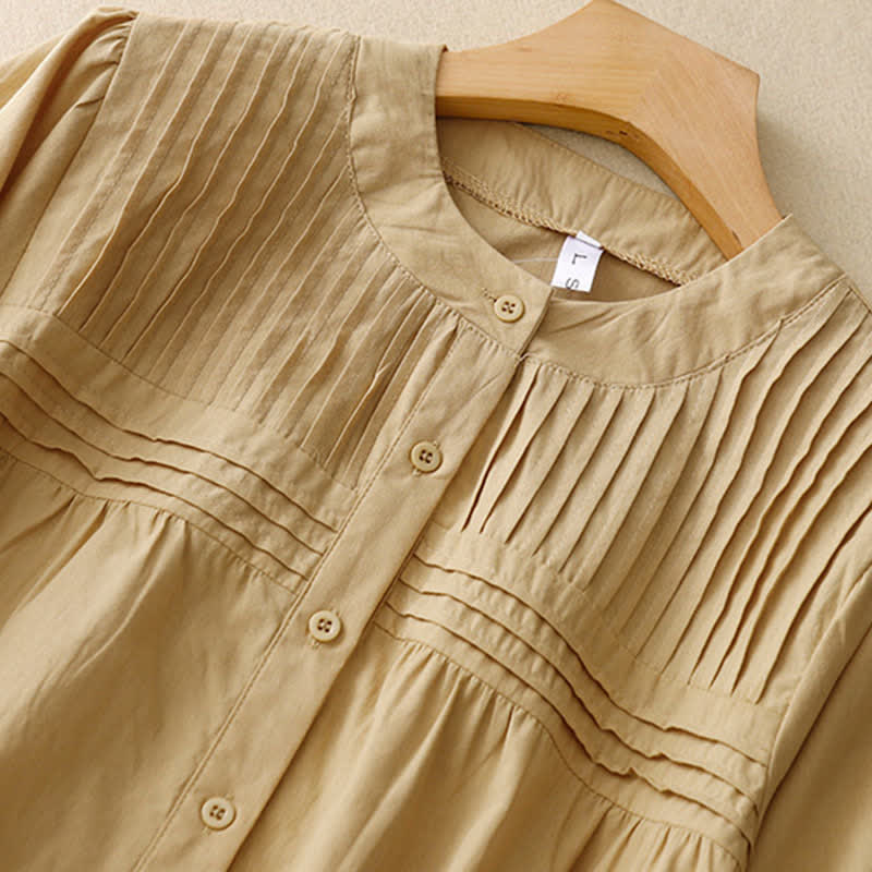 Buddha Stones Summer Casual Vintage Button-up Solid Pintuck Pleats Design Women's Short Sleeve Shirts - image 1