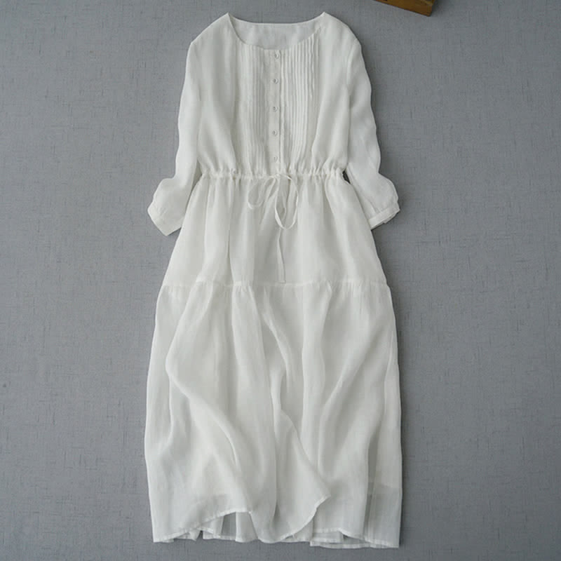 Buddha Stones Summer Vintage Drawstring Button-up Solid Pintuck Design Cotton Women's Short Sleeve Dresses With Pocket - White - US12, UK/AU16, EU44 (2XL) - image 6