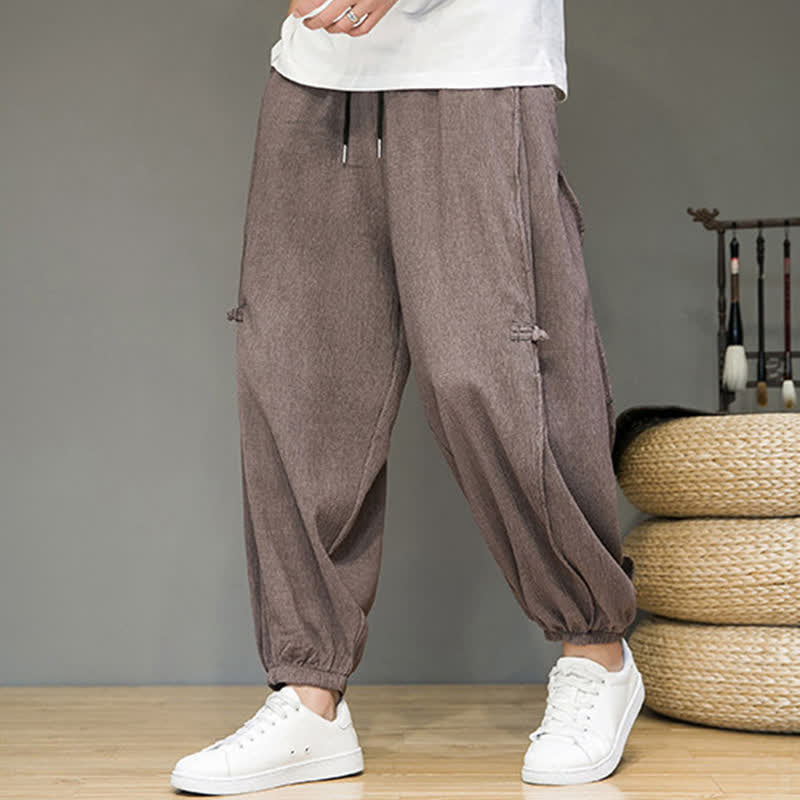 Buddha Stones Summer Casual Minimalist Drawstring Solid Cropped Pants Men's Harem Pants With Pocket - RosyBrown - US/UK/AU46, EU56 (5XL) - image 21