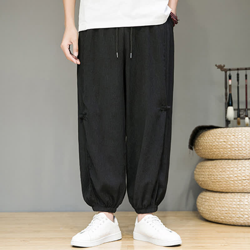 Buddha Stones Summer Casual Minimalist Drawstring Solid Cropped Pants Men's Harem Pants With Pocket - image 1