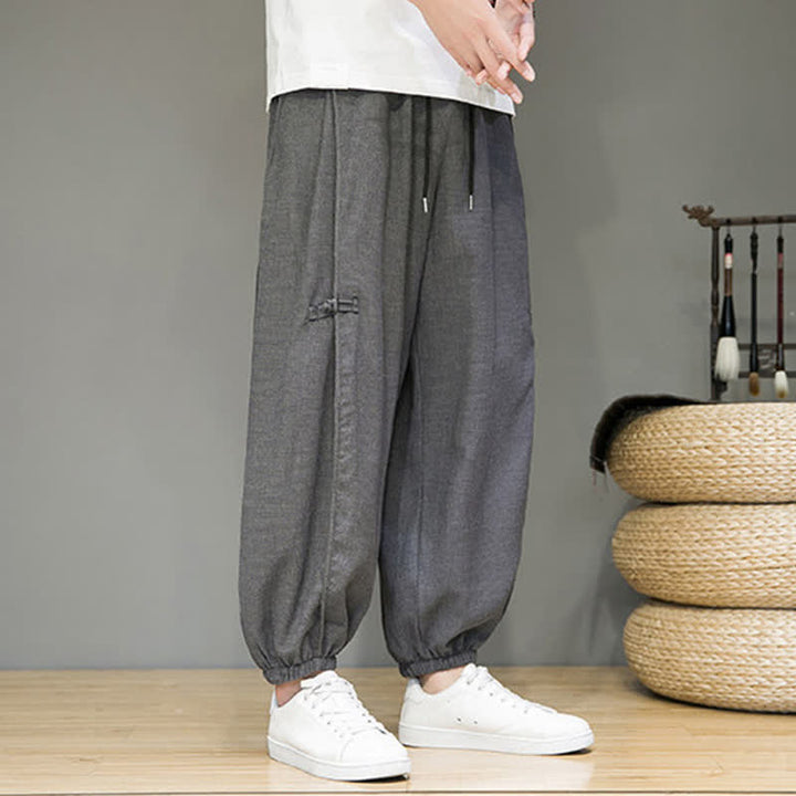 Buddha Stones Summer Casual Minimalist Drawstring Solid Cropped Pants Men's Harem Pants With Pocket - image 11