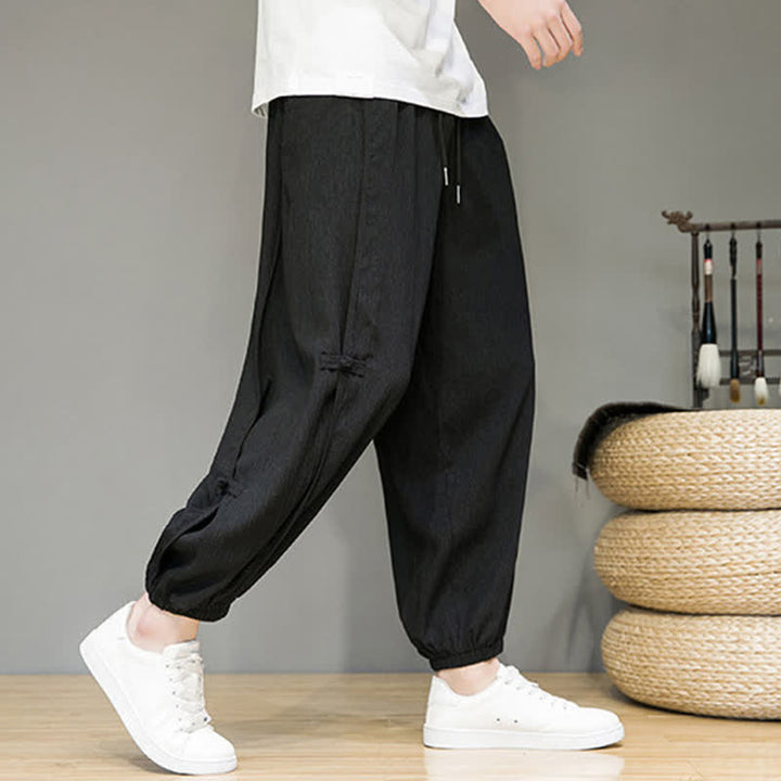 Buddha Stones Summer Casual Minimalist Drawstring Solid Cropped Pants Men's Harem Pants With Pocket - image 2