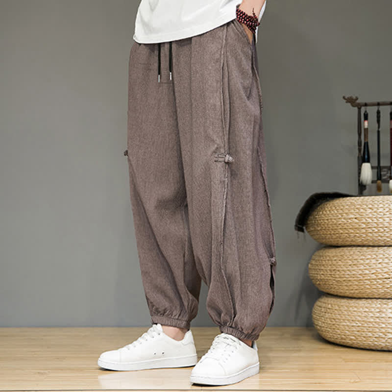 Buddha Stones Summer Casual Minimalist Drawstring Solid Cropped Pants Men's Harem Pants With Pocket - image 23