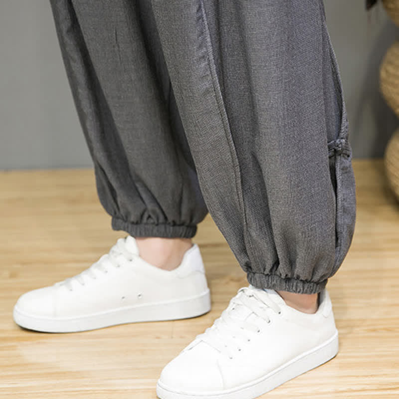 Buddha Stones Summer Casual Minimalist Drawstring Solid Cropped Pants Men's Harem Pants With Pocket - image 20