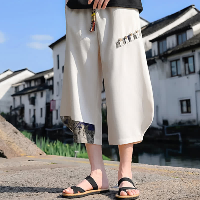Buddha Stones Summer Casual Vintage Drawstring Floral Capri Pants Men's Harem Pants With Pocket - image 12