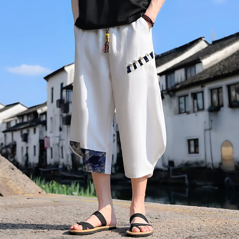 Buddha Stones Summer Casual Vintage Drawstring Floral Capri Pants Men's Harem Pants With Pocket - image 10