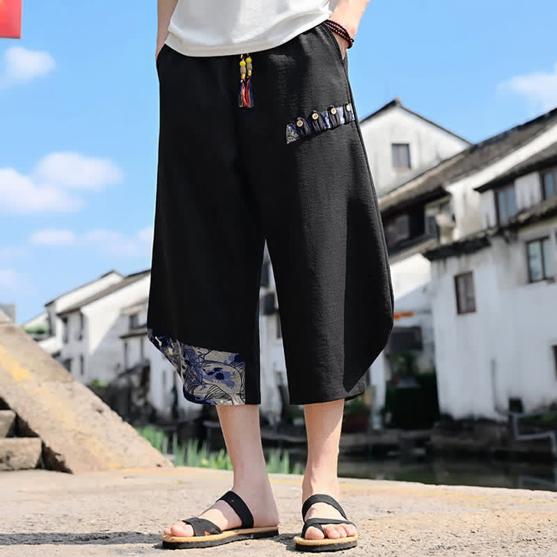 Buddha Stones Summer Casual Vintage Drawstring Floral Capri Pants Men's Harem Pants With Pocket - Black - US/UK/AU46, EU56 (5XL) - image 0