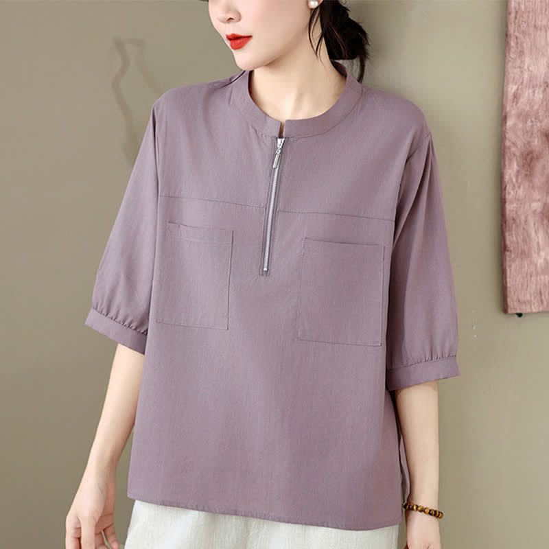 Buddha Stones Summer Minimalist Casual Quarter Zip Design Solid Women's Short Sleeve Shirts With Patch Pocket - image 13