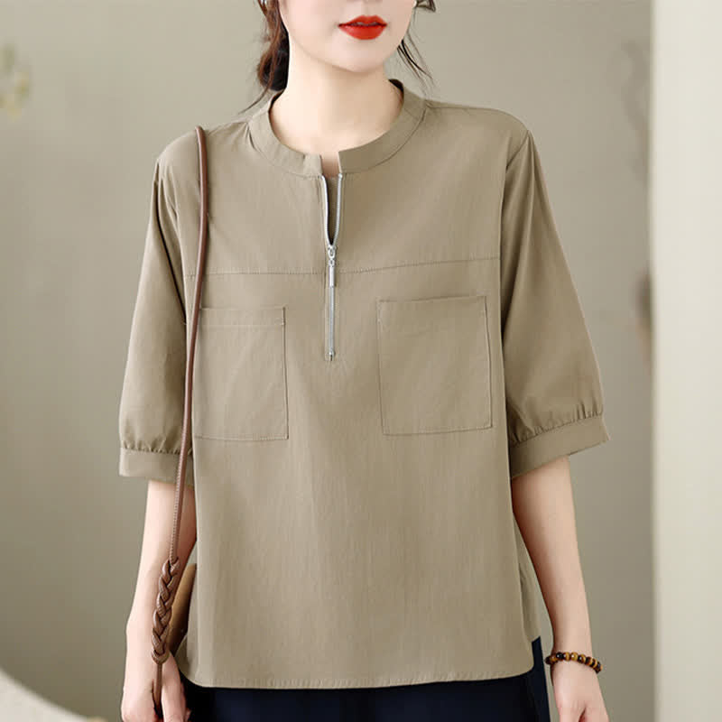 Buddha Stones Summer Minimalist Casual Quarter Zip Design Solid Women's Short Sleeve Shirts With Patch Pocket - Tan - US12, UK/AU16, EU44 (2XL) - image 0