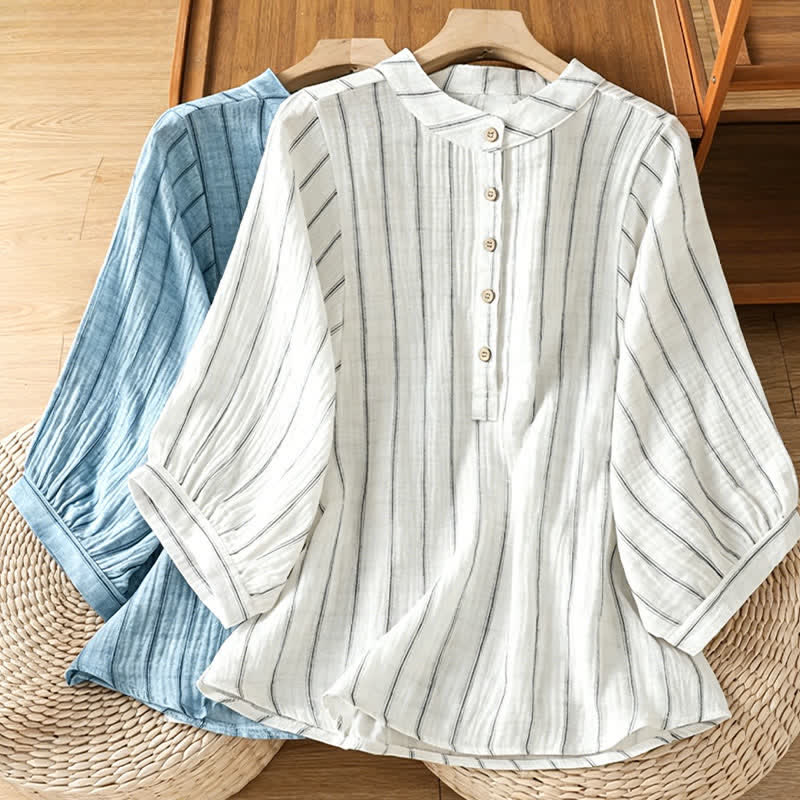 Buddha Stones Summer Casual Minimalist Button-Up Striped Women's Short Sleeve Shirts - image 17
