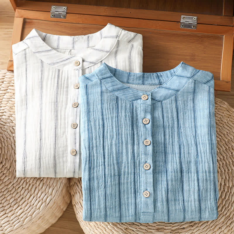 Buddha Stones Summer Casual Minimalist Button-Up Striped Women's Short Sleeve Shirts - image 18