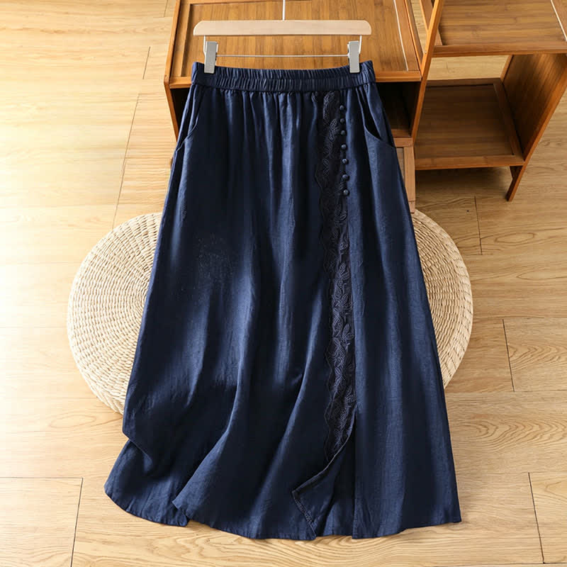 Buddha Stones Summer Casual Vintage Side Slit Solid Flowers Women's Skirts With Pocket - MidnightBlue - US8-10, UK/AU12-14, EU40-42 (2XL) - image 8