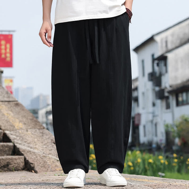 Buddha Stones Summer Casual Minimalist Drawstring Solid Cotton Long Pants Men's Harem Pants With Pocket - Black - US/UK/AU46, EU56 (5XL) - image 9