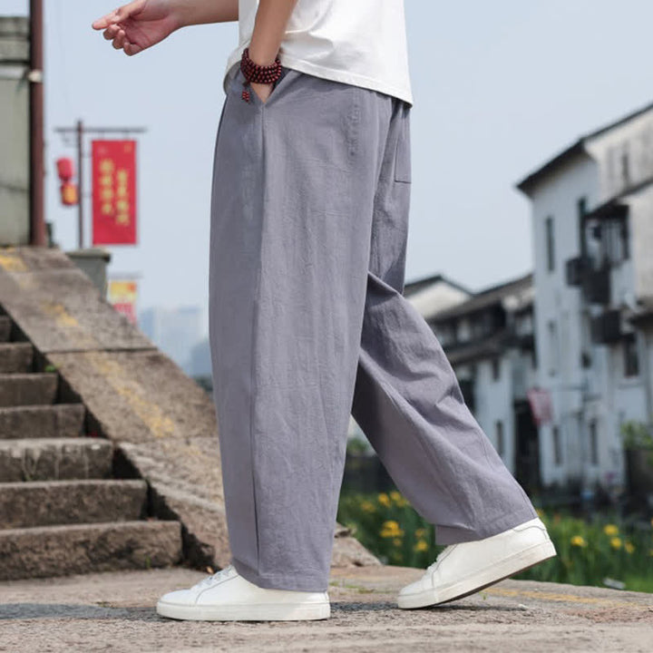 Buddha Stones Summer Casual Minimalist Drawstring Solid Cotton Long Pants Men's Harem Pants With Pocket - image 4