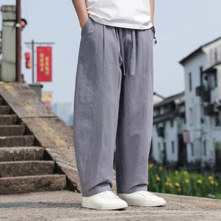 Buddha Stones Summer Casual Minimalist Drawstring Solid Cotton Long Pants Men's Harem Pants With Pocket - image 3