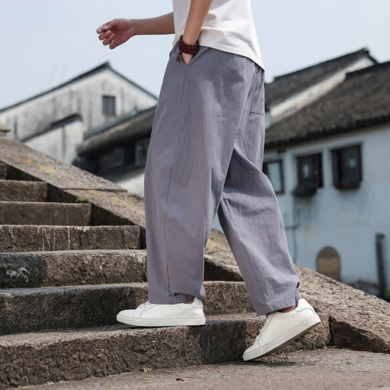 Buddha Stones Summer Casual Minimalist Drawstring Solid Cotton Long Pants Men's Harem Pants With Pocket - image 5