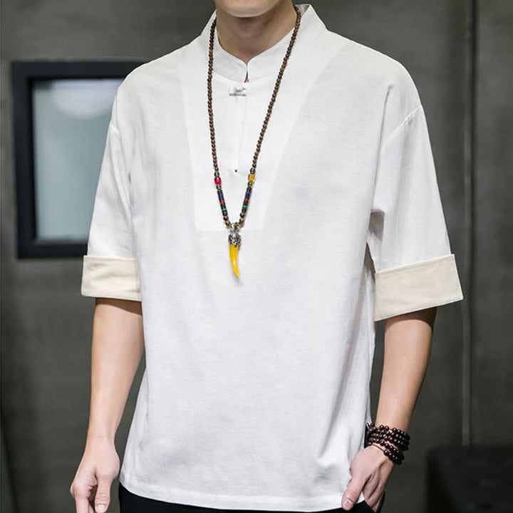 Buddha Stones Summer Tang Style Mandarin Collar Solid Men's Short Sleeve Shirts - image 17